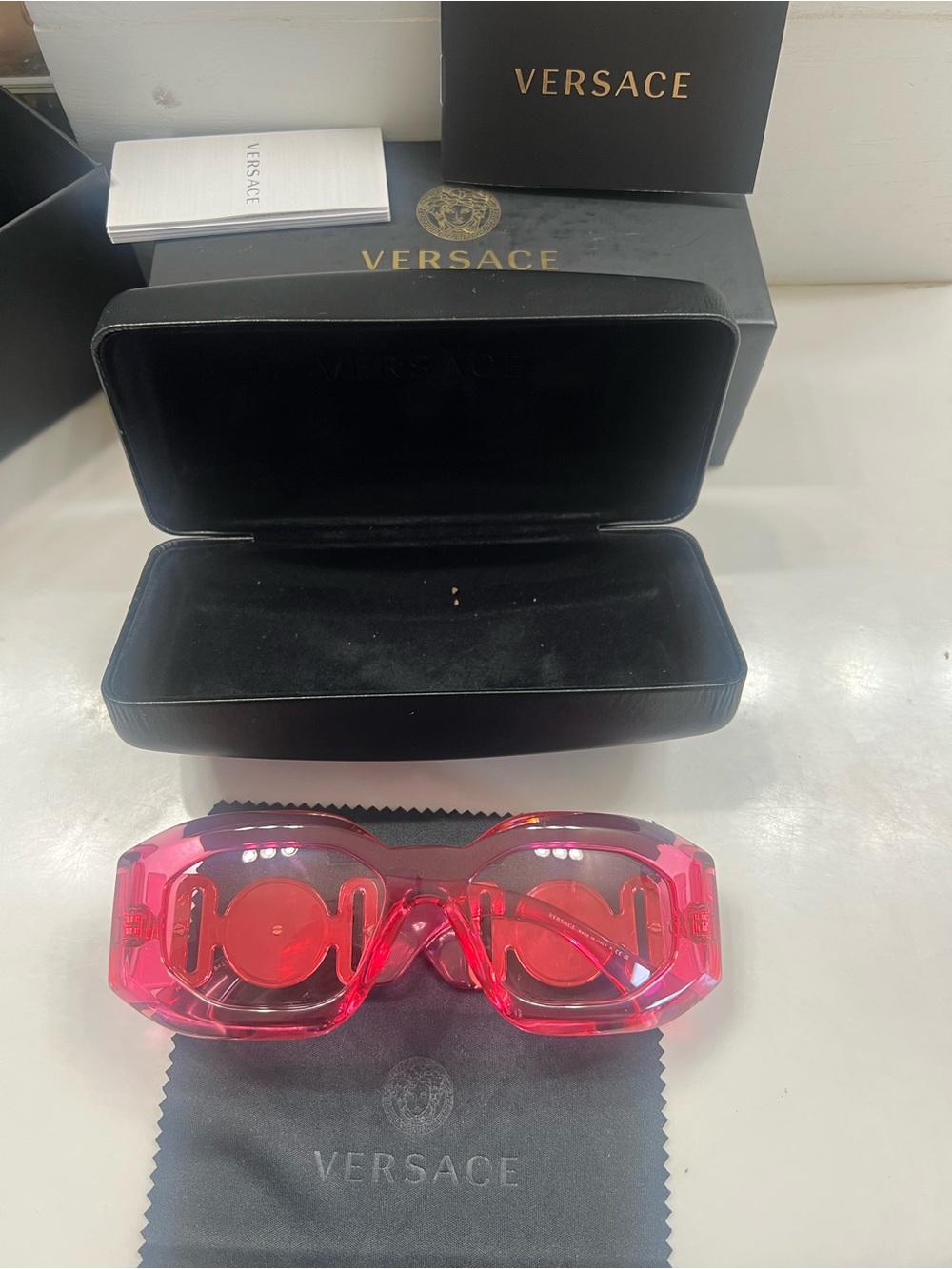 Versace Hot Pink Transparent Sunglasses with Gold Medallions